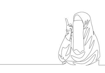 One continuous line drawing of young beauty Asian muslimah wearing burqa while pointing finger to the sky. Traditional Islamic woman niqab dress concept single line draw design vector illustration