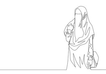 One continuous line drawing of young attractive Asian muslimah wearing burqa while carrying pocet bag. Traditional beauty Islamic woman niqab dress concept single line draw design vector illustration