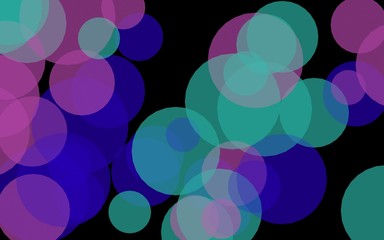 Multicolored translucent circles on a dark background. Pink tones. 3D illustration