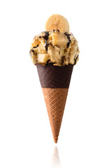 Ice cream cone flavored banana and choco isolated white