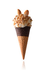 Ice cream cone flavored almond isolated white