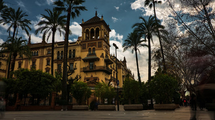 Seville, Spain - February 18th, 2020 - Hotel Alfonso XIII on the busy street of San Fernando in Seville City, Spain.