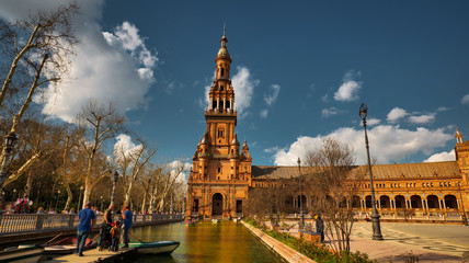 Seville, Spain - February 18th, 2020 - Plaza de Espana (Spain Square) the Northern Tower view in Seville City Center, Spain.