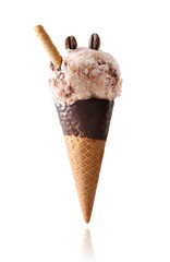 Ice cream cone flavored coffee isolated white