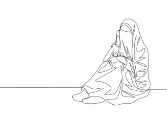Single continuous line drawing of young attractive middle east muslimah wearing burqa sitting on the floor. Traditional muslim woman niqab with hijab concept one line draw design vector illustration
