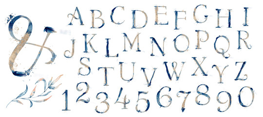 Watercolor blue marine english alphabet set with gold elements from A to Z hand drawn 