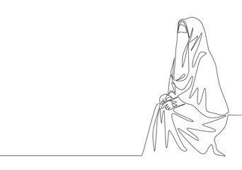 One single line drawing of young attractive middle east muslimah wearing burqa sitting on chair. Traditional beautiful Arabian woman niqab cloth concept continuous line draw design vector illustration
