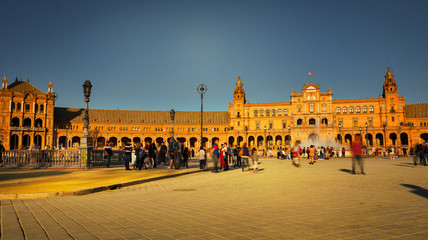 Fototapeta na wymiar Seville, Spain - February 18th, 2020 - Seville City Center with Architecture Details and view to the pavilion buildings.
