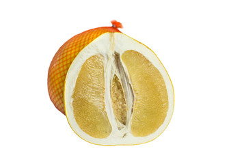 Cut pomelo on the background of a whole pomelo in the gridon on white background
