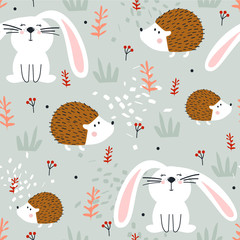 Hedgehogs, bunnies, hand drawn backdrop. Colorful seamless pattern with animals. Decorative cute wallpaper, good for printing. Overlapping colored background vector. Design illustration - 348150683