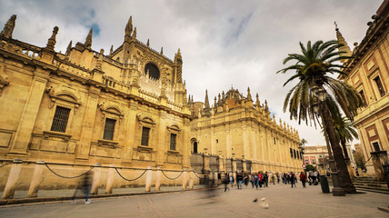 Fototapeta premium Seville, Spain - February 7th, 2020 - Seville Cathedral, the largest Gothic cathedral in the world with beautiful architecture details, in Seville City Center, Spain.