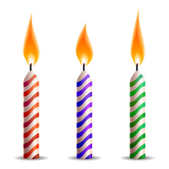 Festive Candle with colored strips burning set icon isolated on white background