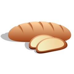 Loaf of bread sliced cartoon icon symbol of bakery, cakes, patisserie for grocery store isolated on white background.