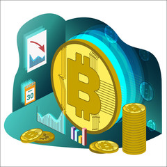 Huge Bitcoin coin and small coins, decline chart, Japanese candles. Isometric. Vector illustration. White Isolated.
