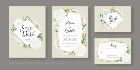 Wedding Invitation card, save the date, thank you, rsvp template. Vector. White lily, Hydrangea flower with greenery.