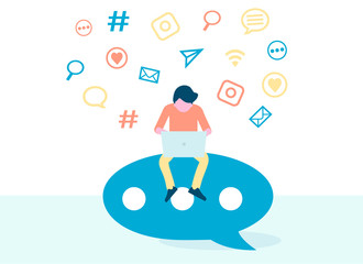 Social media marketing, management, SMM, digital promotion and blogging vector concept in flat design. Man promoting social networks.