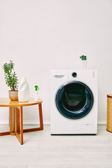 plant and bottles on coffee table near washing machine in bathroom
