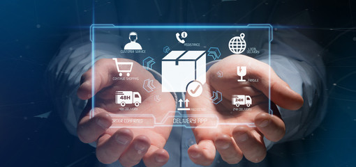 Businessman holding a logistic delivery application screen 3d rendering