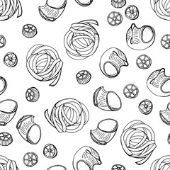 Fototapeta na wymiar Seamless pasta pattern. Fettuccine, Rotelle, Pipe regate isolated on white background. Line art. Stock illustration.