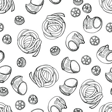 Seamless pasta pattern. Fettuccine, Rotelle, Pipe regate isolated on  white background.  Line art. Stock illustration.