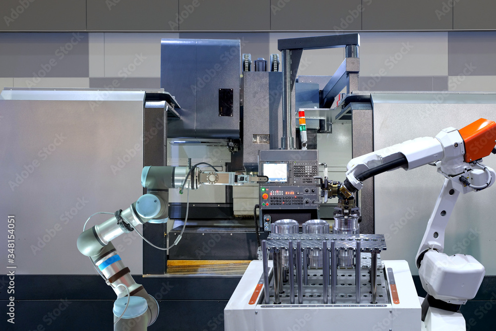 Poster industrial robotic working with metal part and cnc machine on smart factory, industry 4.0 and ai, au