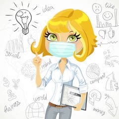 Cartoon blond girl in face mask with electronic tablet inspiration idea on business doodles background