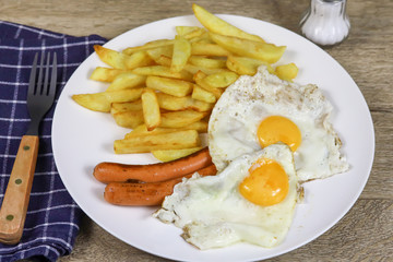 assiette de frites, saucisse et oeuf au plat