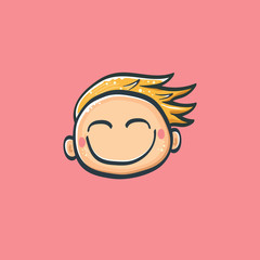Cartoon cute hand drawn funny boy face isolated on pink background, Cartoon happy children with funny hair. 1 june international childrens day background with little smiling baby boy icon or label