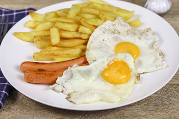 assiette de frites, saucisse et oeuf au plat