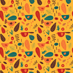 Birds and flowers folk hand drawn vector seamless pattern with blue, red, yellow, orange colours. Plants, leaves, bushes in a cheerful summer sunny print for apparel, fabric, textile, wrapping. EPS10