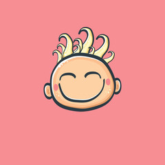 Cartoon cute hand drawn funny boy face isolated on pink background, Cartoon happy children with funny hair. 1 june international childrens day background with little smiling baby boy icon or label