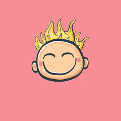 Cartoon cute hand drawn funny boy face isolated on pink background, Cartoon happy children with funny hair. 1 june international childrens day background with little smiling baby boy icon or label