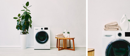 collage of green plant near modern washing machines, coffee table with towels and detergent bottles...