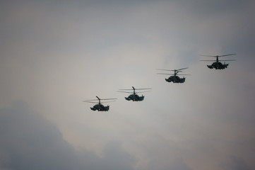 military helicopter in flight