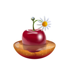 Graphic concept illustration of a sour cherry and chamomile flower  inside a fantasy tea cup
