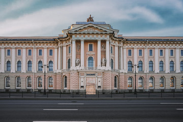 Fototapeta na wymiar Saint Petersburg street, beautiful facades of historical buildings on Vasilievsky island
