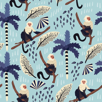 Tropical leaves seamless pattern with monkey. Summer vector background
