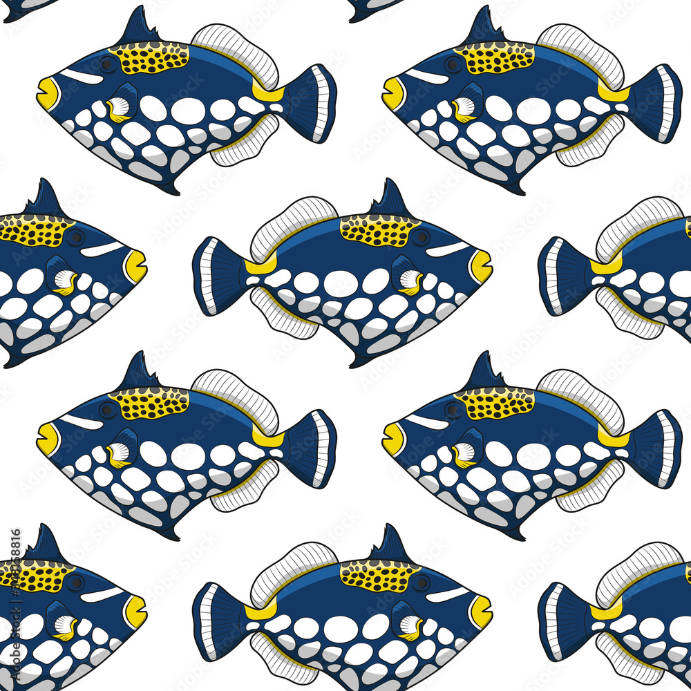 Poster seamless pattern with clown triggerfish fish. vector tropical background on white.