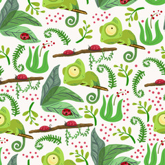 Seamless pattern with chameleon. Forest pattern vector background