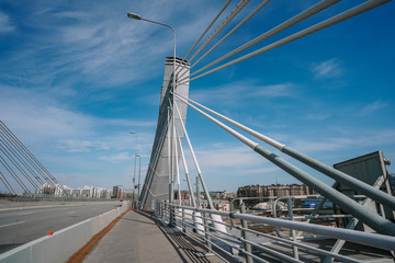 Obraz premium Architectural Design On A Bridge. Close detail of modern architectural design of a bridge on the blue sky, Saint Petersburg Betancourt bridge