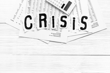 Financial crisis concept with gavel - debt, bankruptcy - on white wooden background top view copy space