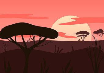 Naklejka premium African sunrise. Coral, brown trees, clouds, rising sun, Summer high contrast landscape. Vector illustration for 2d games, application, mobile design. Editable, EPS10. Simple, minimalistic view.