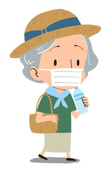 イラスト素材: マスクをつけたシニア女性　熱中症対策　水分補給