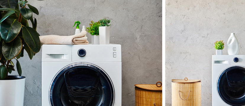 collage of bottles, plants and towel on washing machines near laundry baskets in modern bathroom