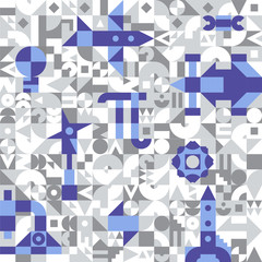 Pattern for a technical university. The pattern consists of simple modules of different colors. The background is gray, the images of cars, rockets, nuts and screws are colored.
