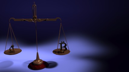 Symbols of the Vietnamese Dong and Bitcoin on the scales on the bowls of balance weights on a blue background. 3d - rendering