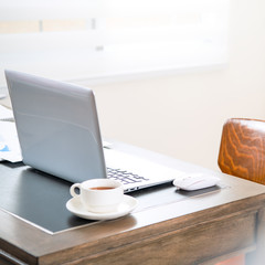 Home office, blank monitor for design, working from home, web communication call, online meeting, remote worker concept, close up, template, mock up.