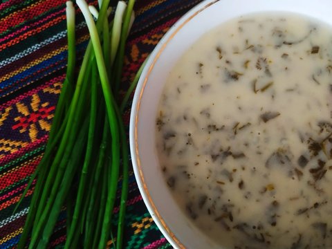 Creamy soup dovga filled with herbs