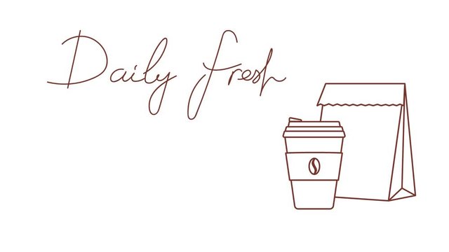 Footage animated cartoon with popping up paper bag with food cup of coffee hand written calligraphic lettering Daily Fresh. Promotion clip for takeout cafes restaurants coffee shops