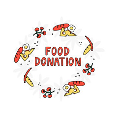 Food donation hand drawn vector illustration in doodle style.
